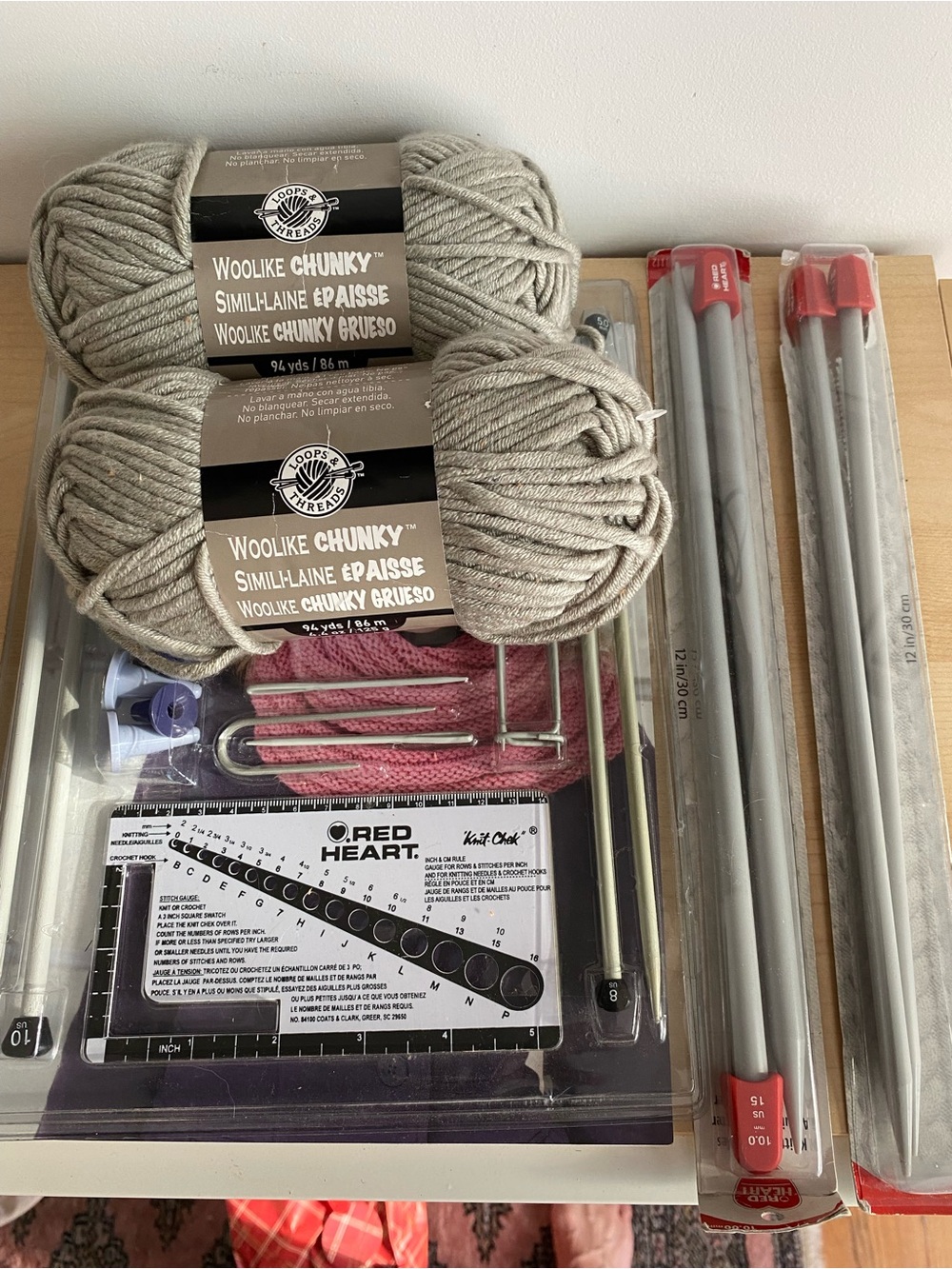 Loops & Threads Woolike Chunky Yarn Kit in Light Gray with Needles